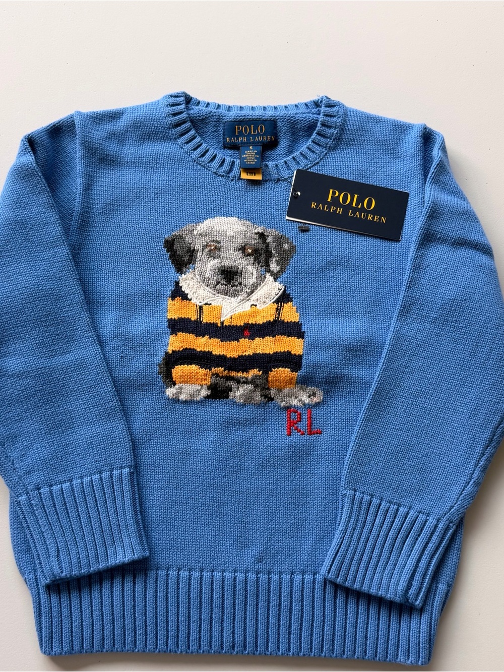 Ralph Lauren Blue Crewneck Sweater with Puppy Intarsia
